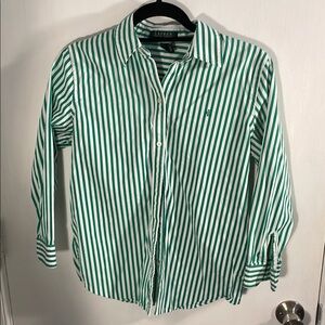 Lauren Ralph Lauren Green and White Striped Button Down Shirt